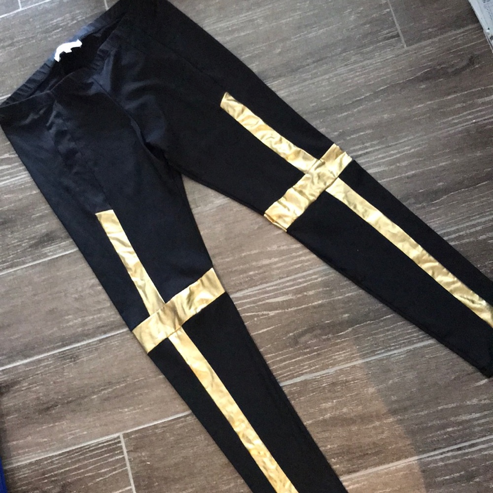 Charlotte Russe black spandex leggings w gold lamé